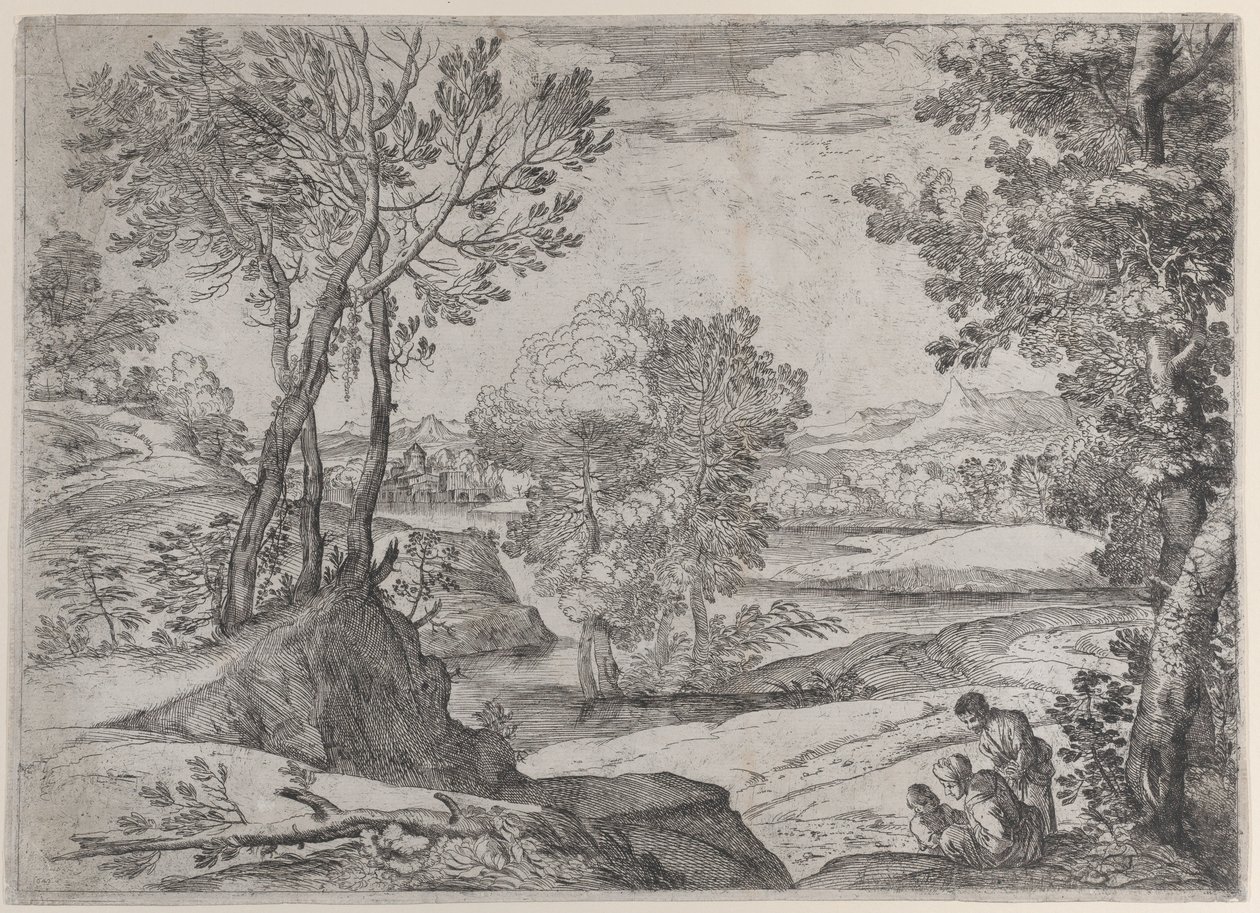 En familie sittende ved en elv, 1643. av Giovanni Francesco Grimaldi