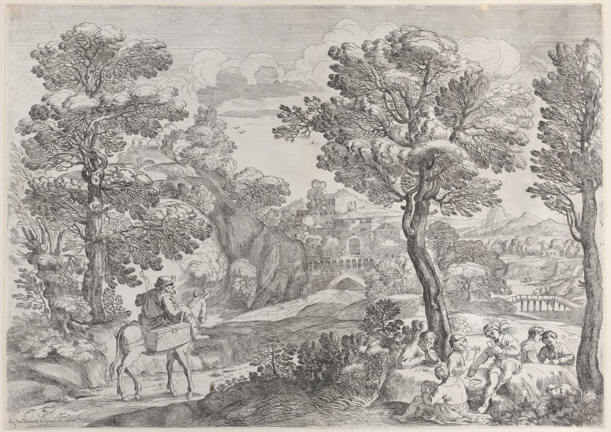 En gruppe mennesker som spiller kort til høyre og en mann på hesteryggen til venstre, 1626-80. av Giovanni Francesco Grimaldi