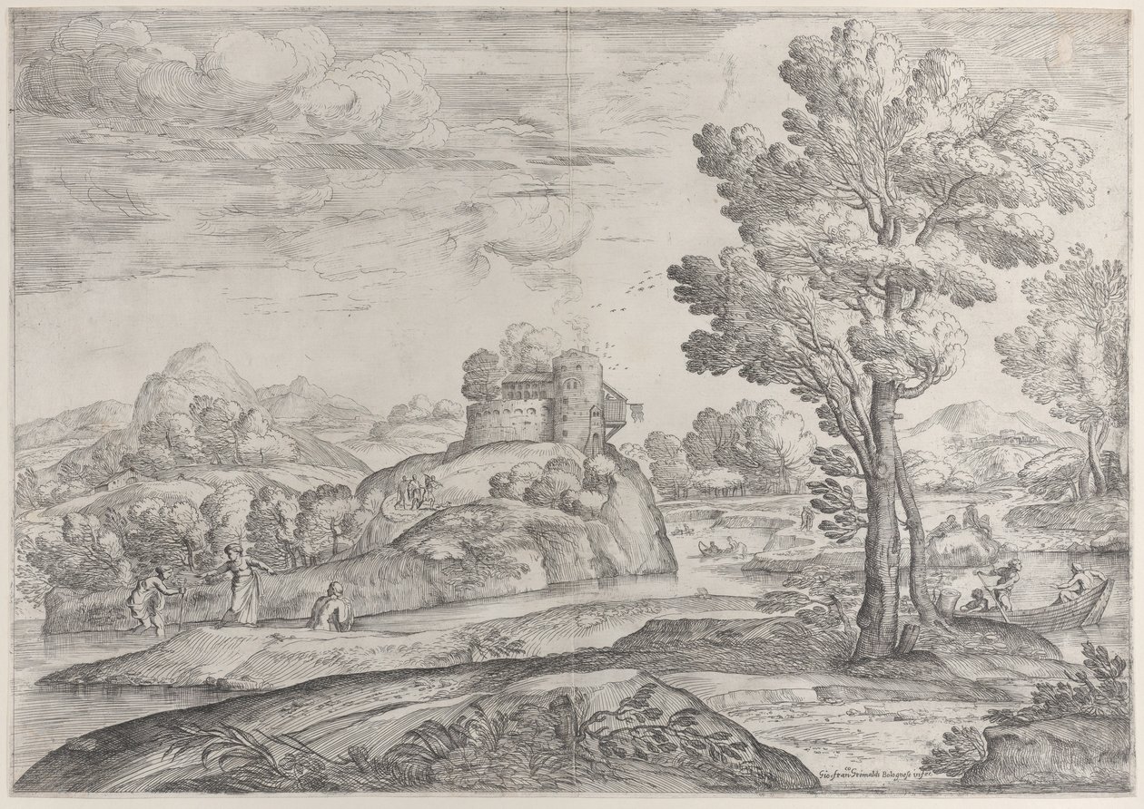 Et hus på toppen av en rund stein i midten, mennesker i elven og i kanoer, 1626-80. av Giovanni Francesco Grimaldi