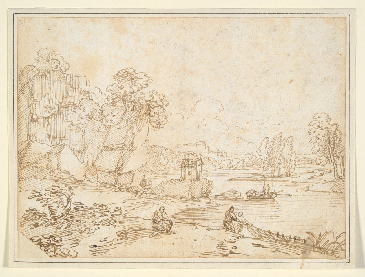 Klipper ved elvebredden med fiskere av Giovanni Francesco Grimaldi