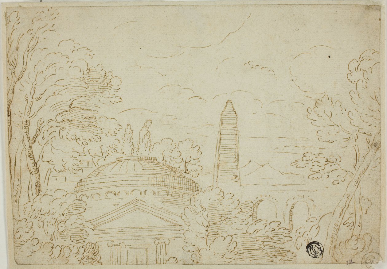 Landskap med tempel, obelisk og akvedukt av Giovanni Francesco Grimaldi
