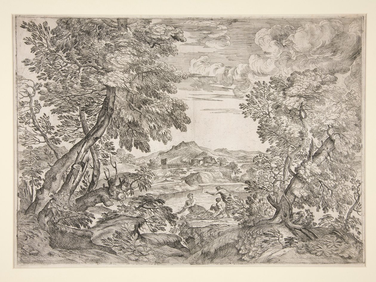 Landskap med tre menn ved en elv av Giovanni Francesco Grimaldi