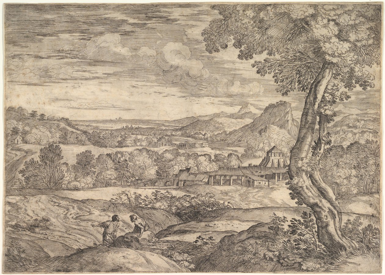 Landskap med teglfabrikk i mellomgrunnen, en stående mann i forgrunnen p..., 1626-80. av Giovanni Francesco Grimaldi