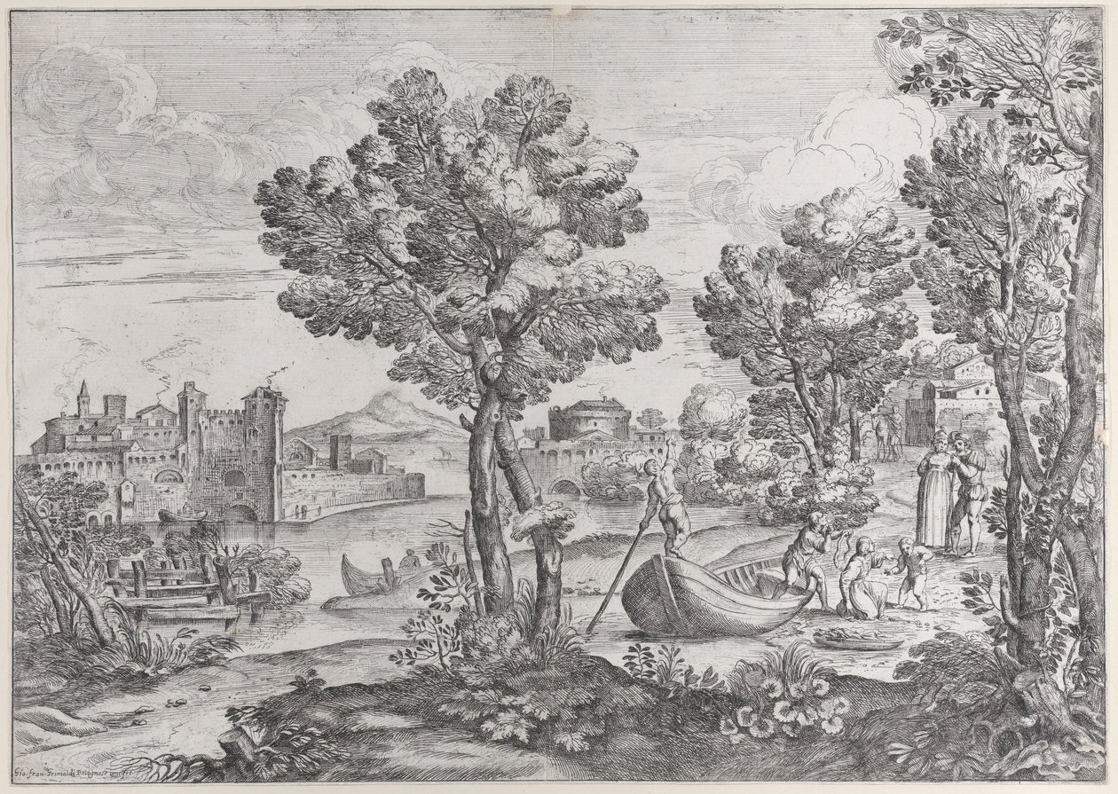 Landskap med en mann som holder en slange til et livredd barn, overvåket av en moteriktig dre..., 1626-80. av Giovanni Francesco Grimaldi