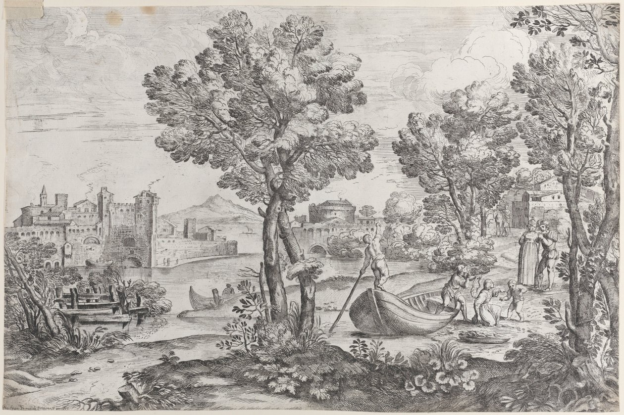 Landskap med en mann som holder en slange til et livredd barn, overvåket av en moteriktig dre..., 1626-80. av Giovanni Francesco Grimaldi