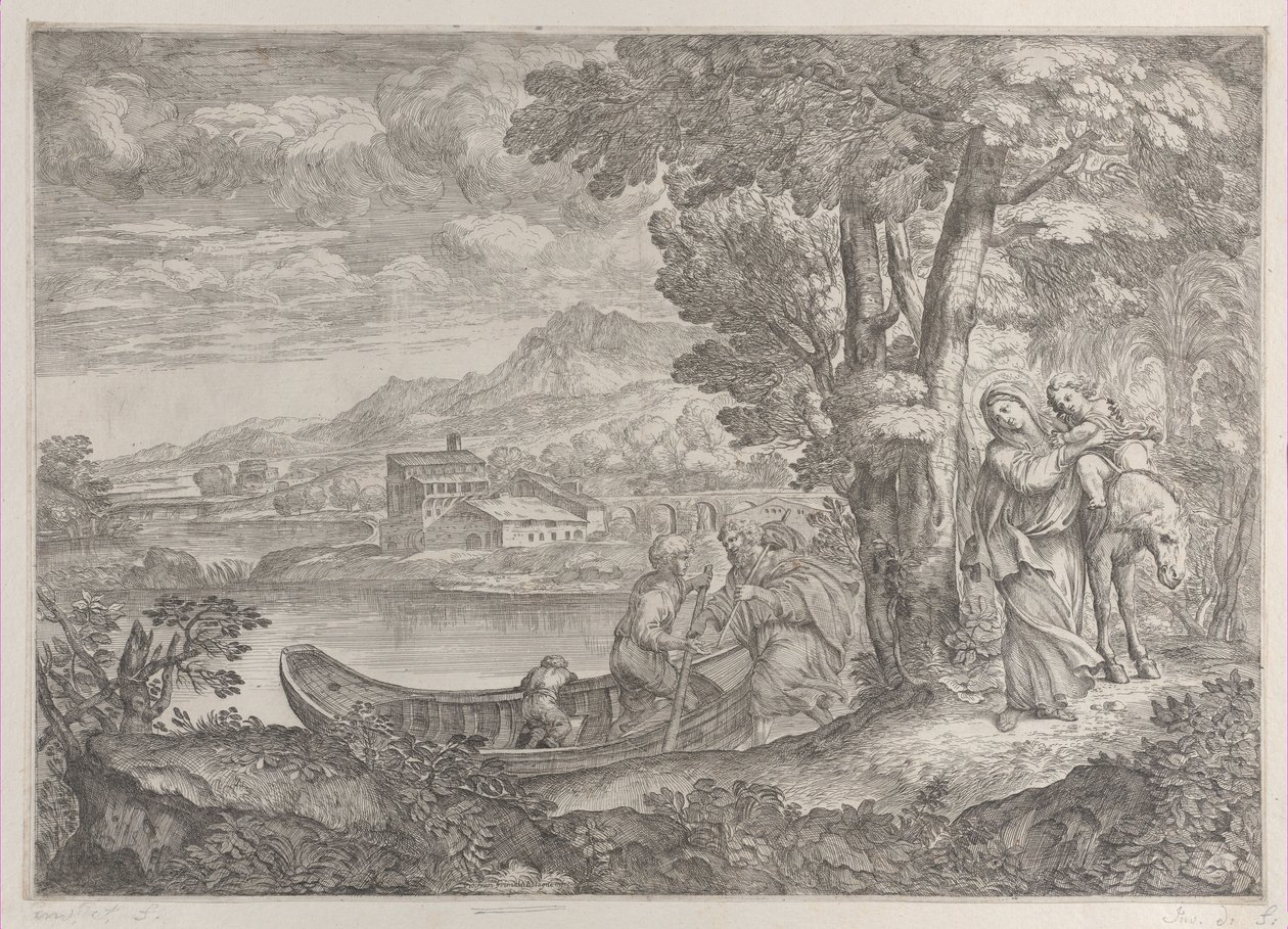 Landskap med flukten inn i Egypt, 1626-80. av Giovanni Francesco Grimaldi