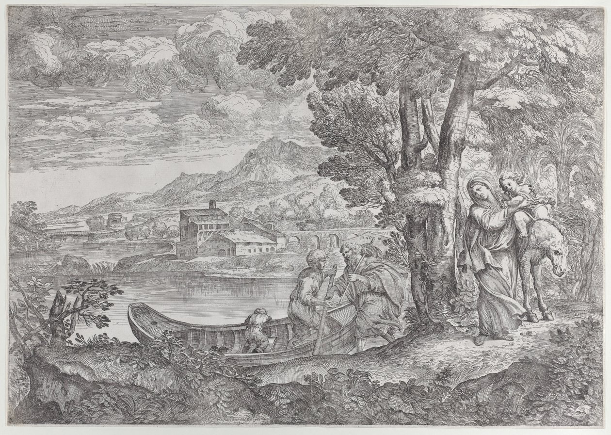Landskap med flukten inn i Egypt, 1626-80., 1626-80. av Giovanni Francesco Grimaldi