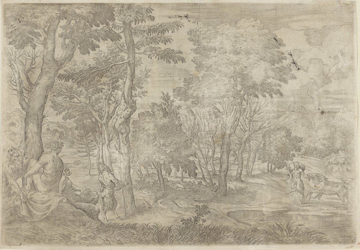 Landskap med nymfer og satyrer av Giovanni Francesco Grimaldi