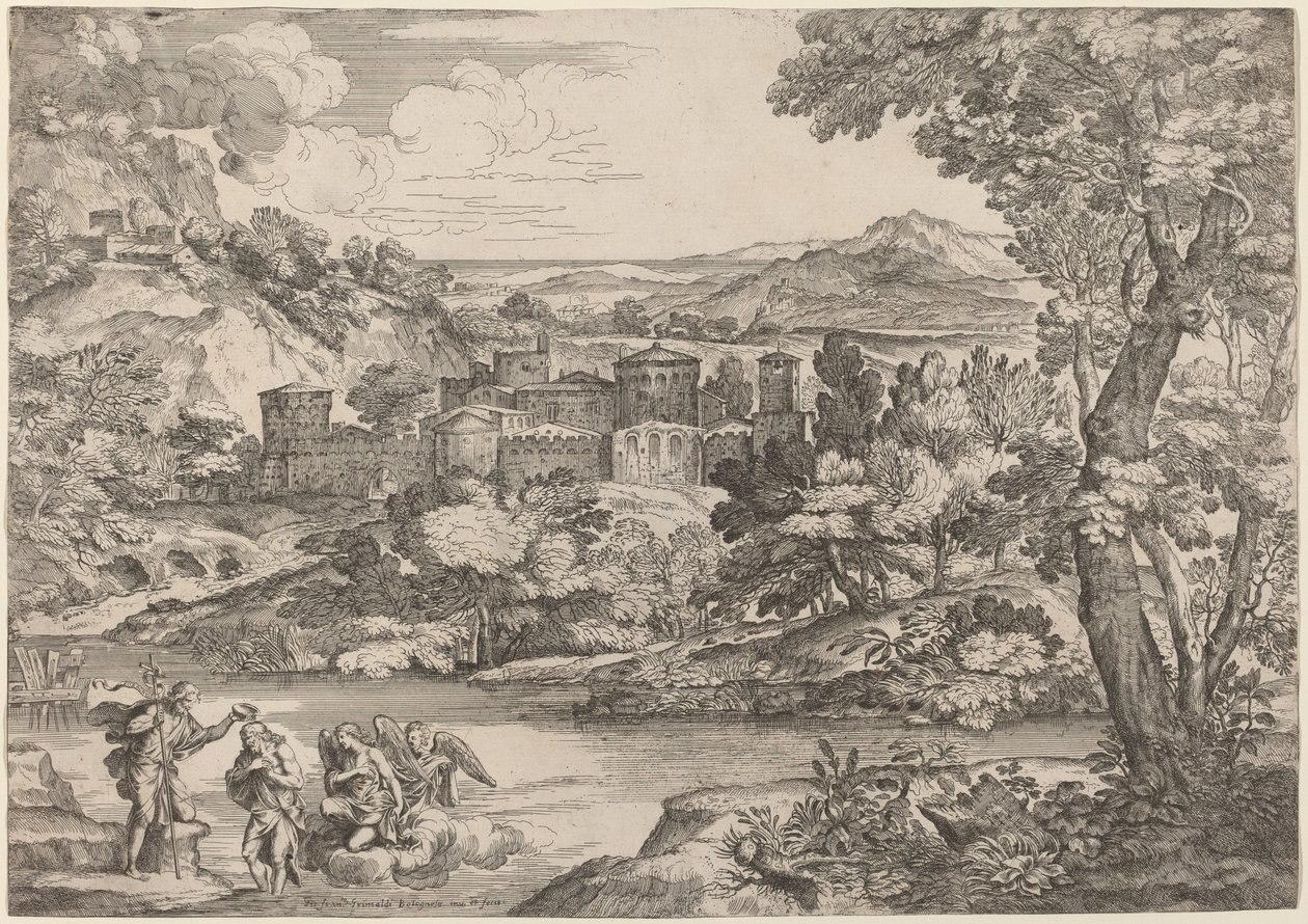 Kristi dåp, satt i et fjellandskap av Giovanni Francesco Grimaldi