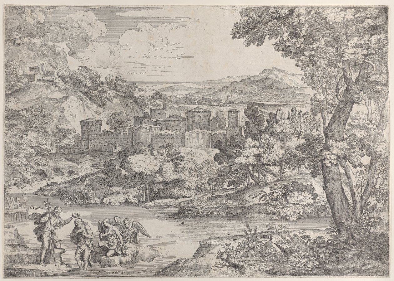 The Baptism of Christ at lower left, within a landscape, 1626-80., 1626-80.    1169134   no       norwegian Successfully Translated  Original: ""Portrait d Edouard VI (1537-1553) roi dAngleterre"" Peinture de lentourage dHans Holbein le jeune Translat: ""P av Giovanni Francesco Grimaldi