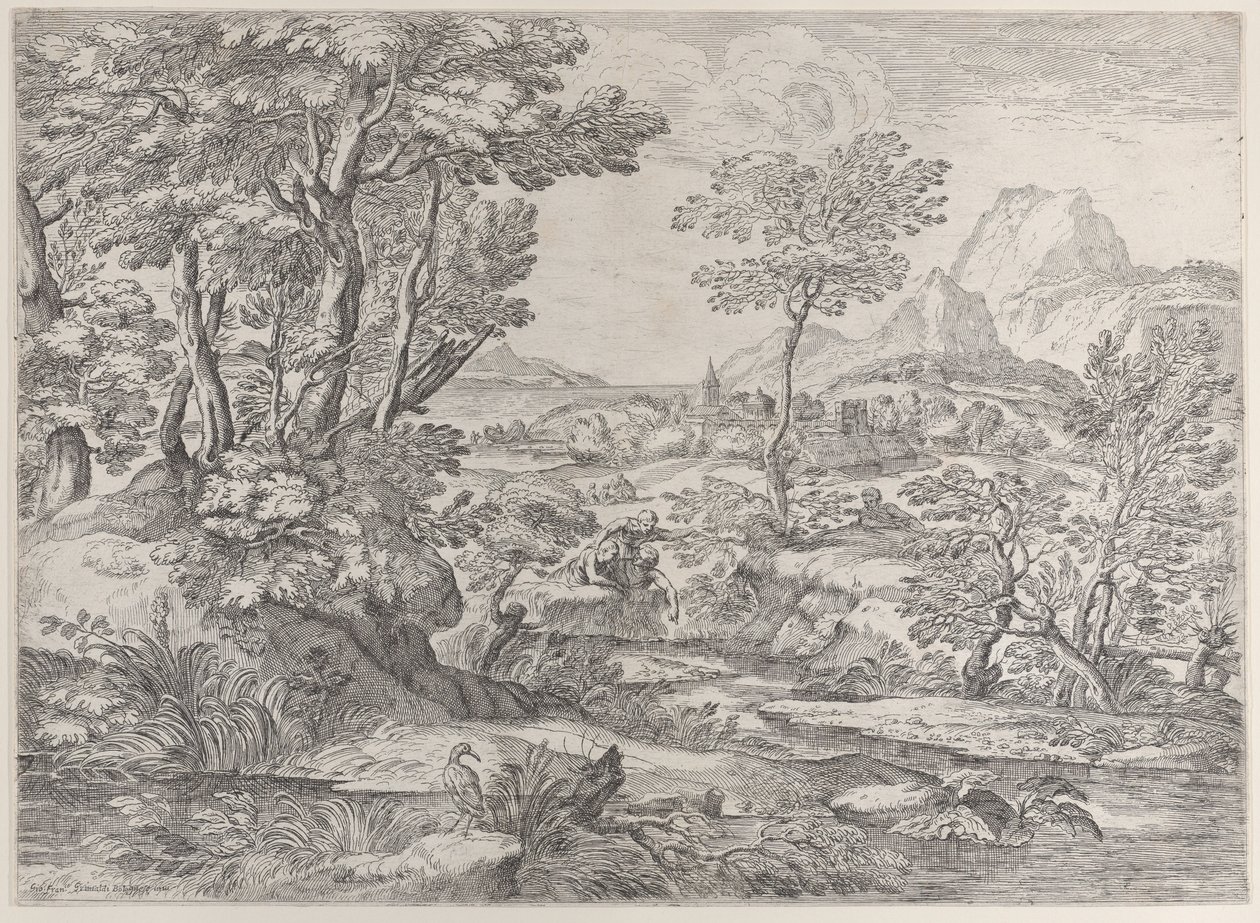 Tre gutter i et landskap med en by i bakgrunnen, 1626-80. av Giovanni Francesco Grimaldi