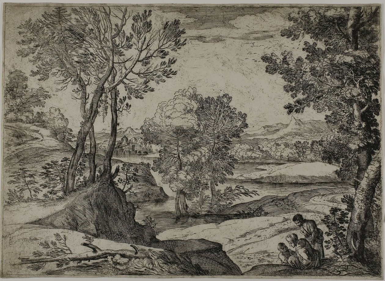 Kvinne, hennes barn og en stående mann i et landskap av Giovanni Francesco Grimaldi