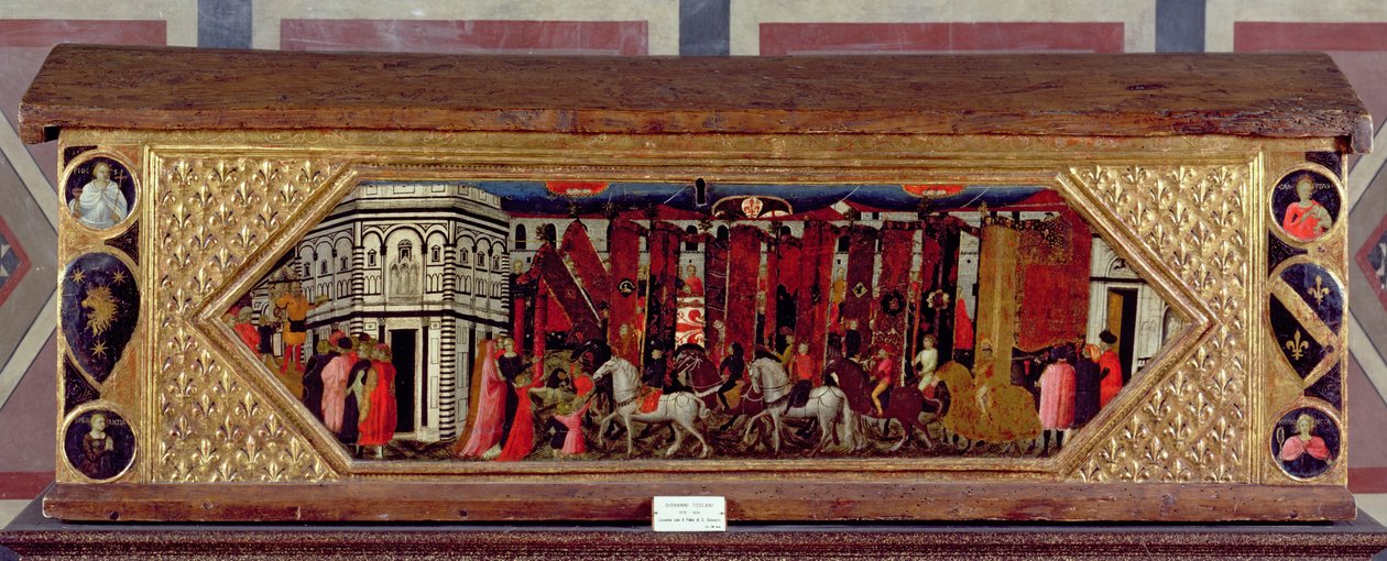 Cassone dekorert med en scene av Palio av S. Giovanni (tempera på panel) av Giovanni Francesco Toscani