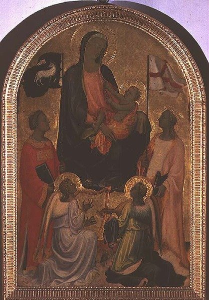 Madonna og barn med St. Stephen og St. Ursula (tempera på panel) av Giovanni Francesco Toscani