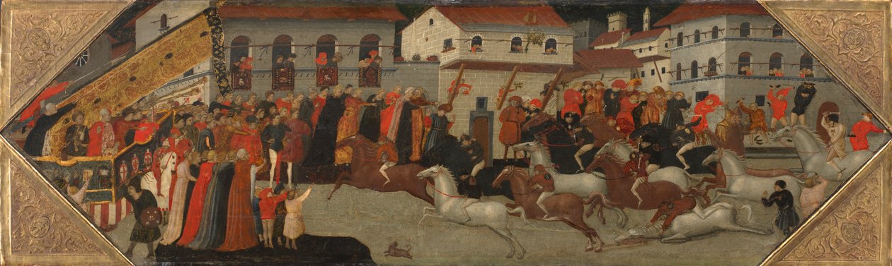 Panel fra en Cassone: The Race of the Palio in the Streets of Florence av Giovanni Francesco Toscani