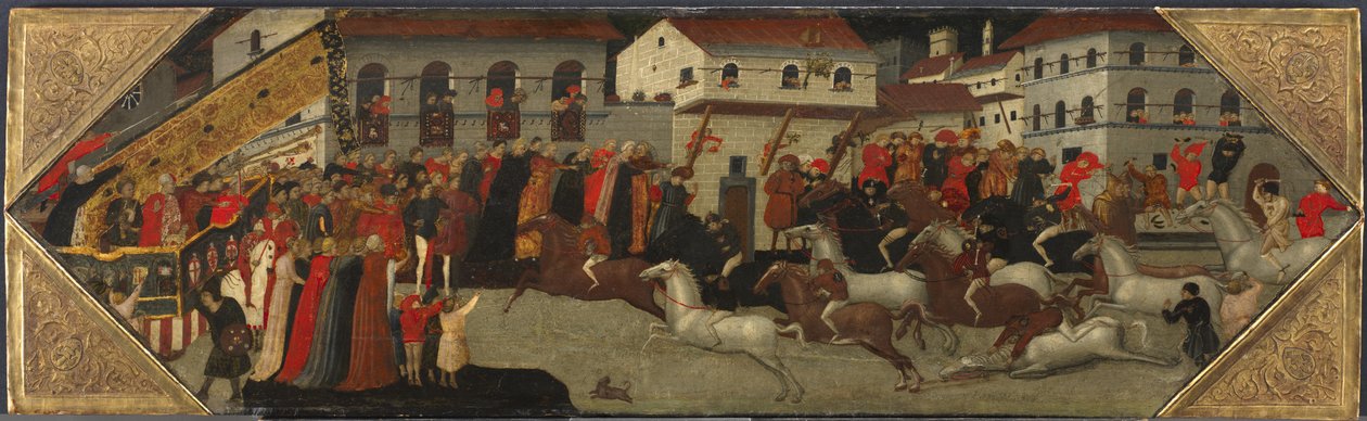 Panel fra en Cassone: The Race of the Palio in the Streets of Florence, 1418 av Giovanni Francesco Toscani