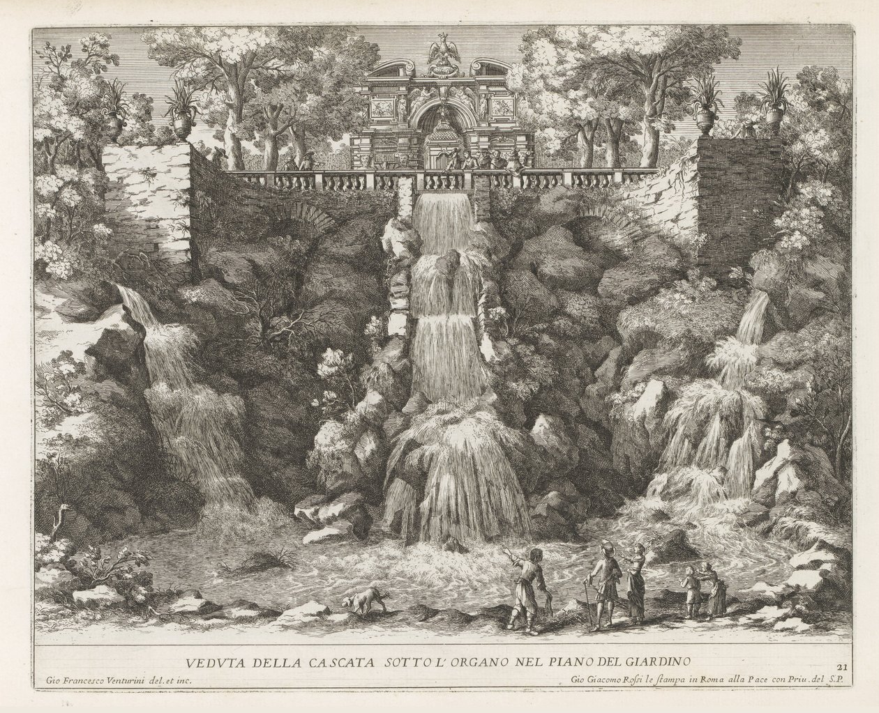 Cascade in de tuinen van de Villa d'Este te Tivoli Utsikt over fossen under orgelet i hagenivået (tittel på objekt) Fontenene i Estense-hagen i Tivoli (serietittel) Fonteinen in de tuinen van Villa d'Este te Tivoli (serietittel) av Giovanni Francesco Venturini
