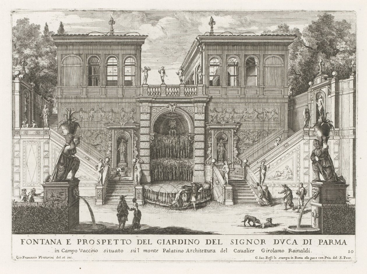 Farnesische Tuinen te Roma Fontene og forhøyning av hagen til hertugen av Parma (...) (tittel på objekt) Fontenene i palassene og hagene i Roma (serietittel) Fonteinen in de paleizen en tuinen van Rome (serietittel) av Giovanni Francesco Venturini