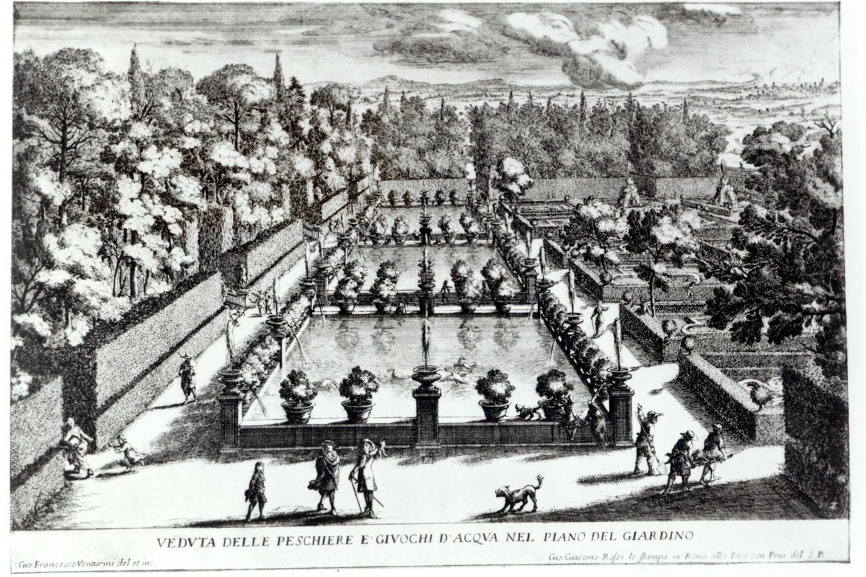 Fiskedammene ved Villa dEste, Tivoli, fra Le Fontane av Giovanni Battista Falda (ca. 1648-1787), utgitt av 1689 av Giovanni Francesco Venturini