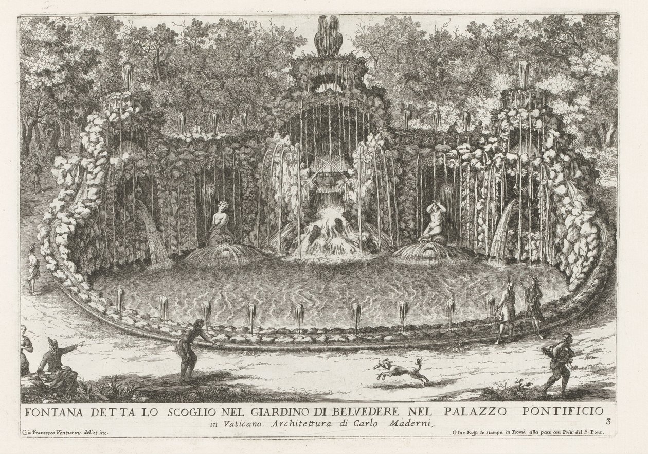 Drakens fontene i de Vaticaanse tuinen Fontene kalt klippen i Belvedere-hagen i pavepalasset (...) (tittel på objekt) Fontenene i palassene og hagene i Roma (serietittel) Fonteinen in de paleizen en tuinen van Rome (serie av Giovanni Francesco Venturini