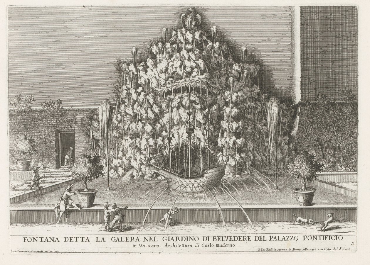 Fountain of the Galera i de Vaticaanse tuinen Fontene kalt byssa i Belvedere-hagen til pavepalasset (...) (tittel på objekt) Fontenene i palassene og hagene i Roma (serietittel) Fonteinen in de paleizen en tuinen van Rome (serie av Giovanni Francesco Venturini