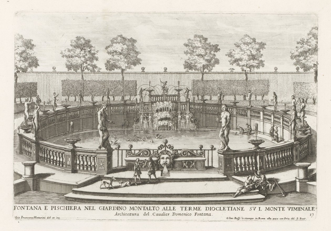 Fontene og fiskedam i hagen til Villa Montalto i Roma Fontana e pischiera nel giardino Montalto alle Terme Diocletiane (...) (tittel på objekt) Le fontane ne palazzi e ne giardini di Roma (serietittel) Fontener i palassene og hagene til Ro av Giovanni Francesco Venturini
