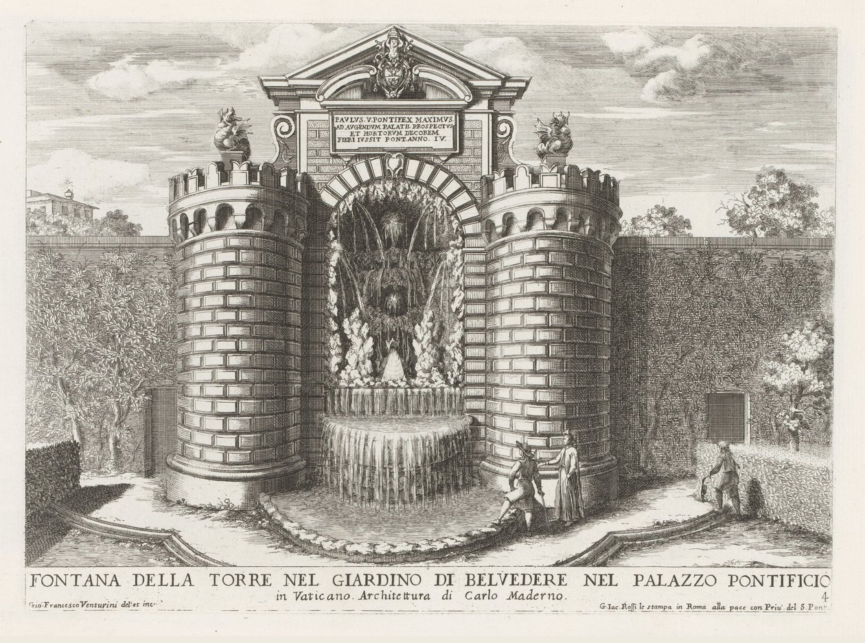 Fontein in de Vaticaanse tuinen Tårnfontene i Belvedere-hagen i pavepalasset (...) (tittel på objekt) Fontenene i palassene og hagene i Roma (serietittel) Fonteinen in de paleizen en tuinen van Rome (serietittel) av Giovanni Francesco Venturini