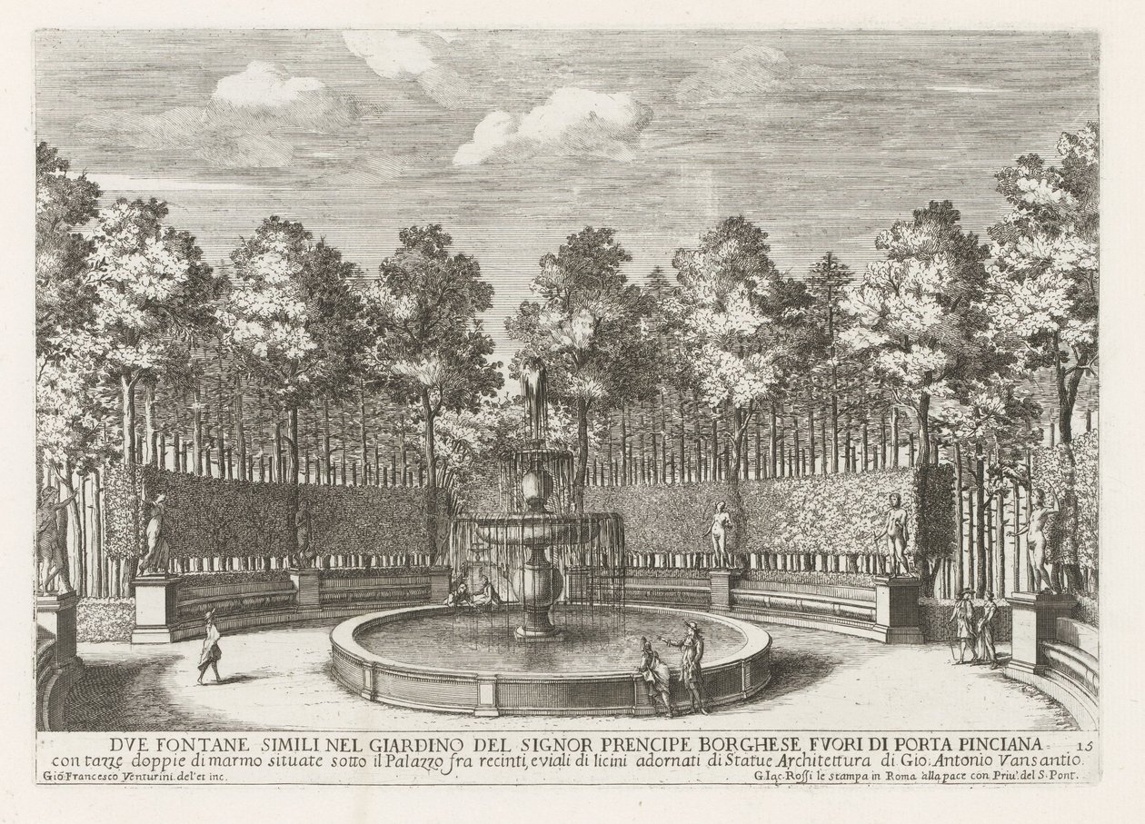 Fontein in de Villa Borghese te Roma To lignende fontener i hagen til Signor precipe Borghese (...) (tittel på objekt) Fontenene i palassene og hagene i Roma (serietittel) Fonteinen in de paleizen en tuinen van Rome (serietittel) av Giovanni Francesco Venturini