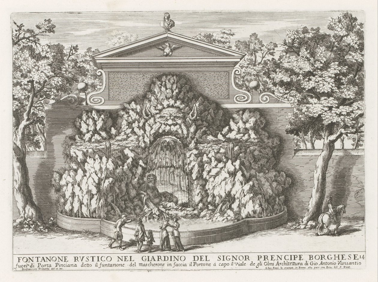 Fontein in de Villa Borghese te Roma Rustikk fontene i hagen til Mr. precipe Borghese (...) (tittel på objekt) Fontenene i palassene og hagene i Roma (serietittel) Fonteinen in de paleizen en tuinen van Rome (serietittel) av Giovanni Francesco Venturini