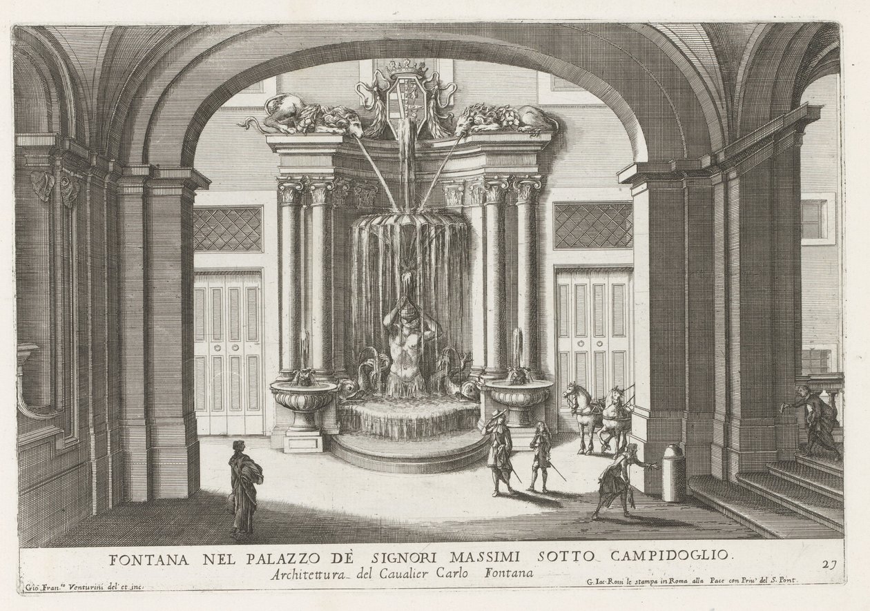 Fontein på plass på Palazzo Massimo di Rignano te Roma Fontene i Palazzo de Signori Massimi under Campidoglio (tittel på objekt) Fontenene i palassene og hagene i Roma (serietittel) Fonteinen in de paleizen en tuinen van Roma (seriøs av Giovanni Francesco Venturini