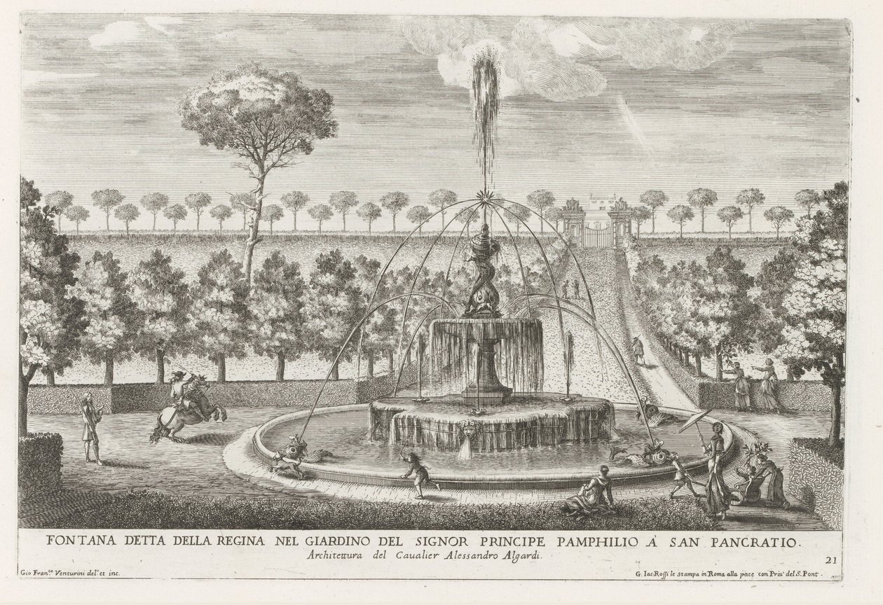 Fontein in the gardenen av Villa Doria Pamphilj te Roma Fontene kjent som dronningen i hagen til prins Pamphilio i San Pancratio (tittel på objekt) Fontenene i palassene og hagene i Roma (serietittel) Fonteinen in de paleizen en tuinen v av Giovanni Francesco Venturini