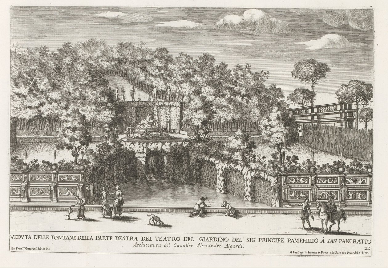 Fontein in the gardenen av Villa Doria Pamphilj te Roma Utsikt over fontenene på høyre side av hageteateret (...) (tittel på objekt) Fontenene i palassene og hagene i Roma (serietittel) Fonteinen in de paleizen en tuinen van Rome (serie av Giovanni Francesco Venturini