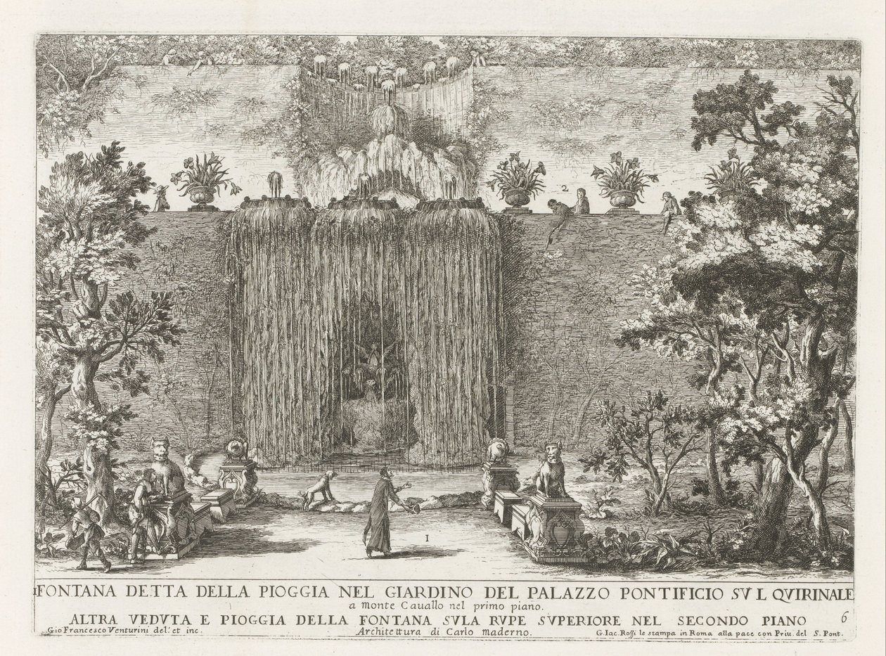 Fontein in the gardenen fra Quirinal Palace i Roma Fontene kjent som regnet i hagen til pavepalasset på Quirinale (...) (tittel på objekt) Fontenene i palassene og hagene i Roma (serietittel) Fonteinen in de paleizen en tuine av Giovanni Francesco Venturini