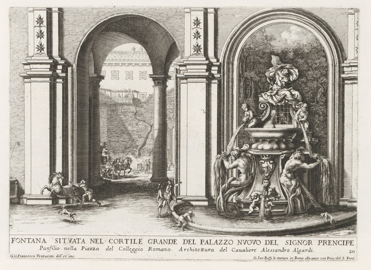 Fontein in een binnenplaats van het Palazzo Doria Pamphilj te Rome Fontana situata nel cortile grande del Palazzo Nuovo del signor prencipe (...) (title on object) Le fontane ne palazzi e ne giardini di Roma (series title) Fonteinen in de paleizen en tu    av Giovanni Francesco Venturini