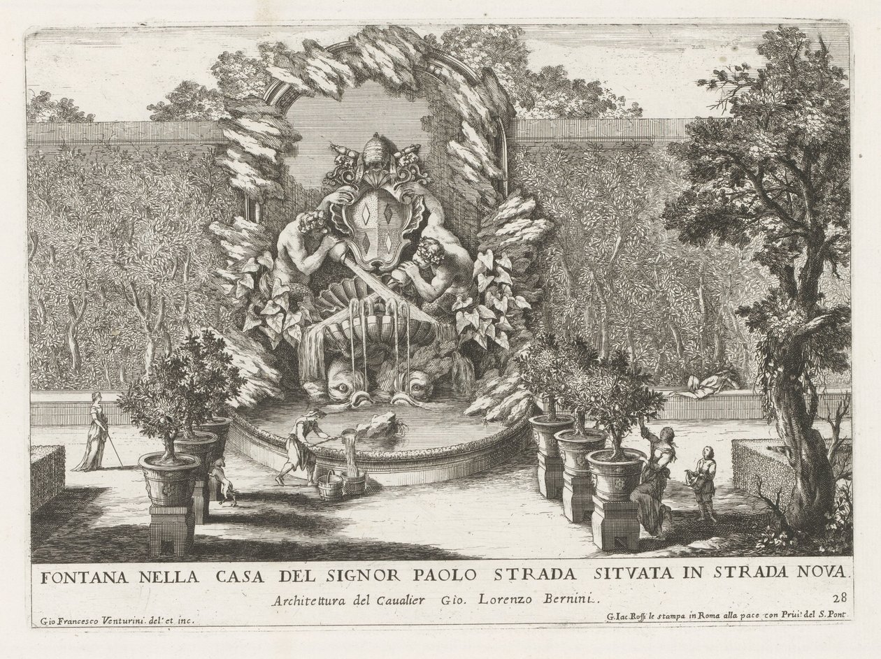 Fontene med pavelig våpenskjold, to tritoner og delfiner Fontana nella casa del signor Paolo strada situata in strada nova (tittel på objekt) Le fontane ne palazzi e ne giardini di Roma (serietittel) Fontener i palassene og hagene i Roma ( av Giovanni Francesco Venturini