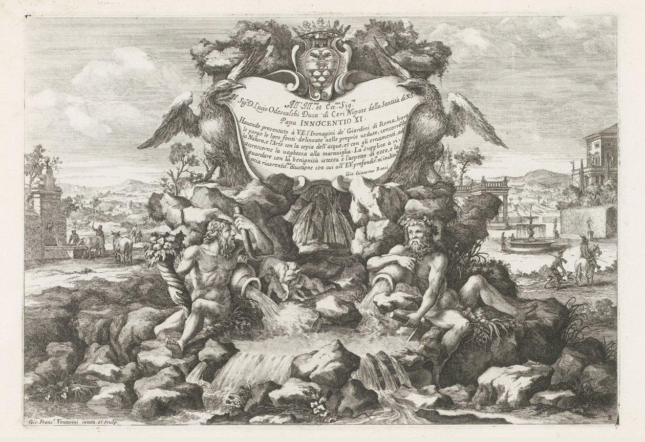Fontene med dedikasjon og våpenskjold av Livio Odescalchi Le fontane ne palazzi e ne giardini di Roma (serietittel) Fontener i palassene og hagene i Roma (serietittel) av Giovanni Francesco Venturini