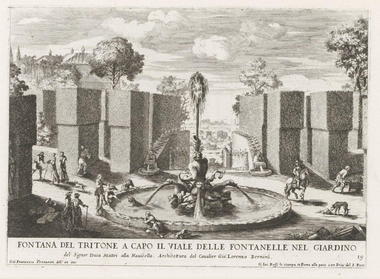Fontein møtte triton i de tuinen av Villa Celimontana i Roma Triton-fontenen i spissen for fontenene i hagen (...) (tittel på objekt) Fontenene i palassene og hagene i Roma (serietittel) Fonteinen in de paleizen en gardenen van av Giovanni Francesco Venturini