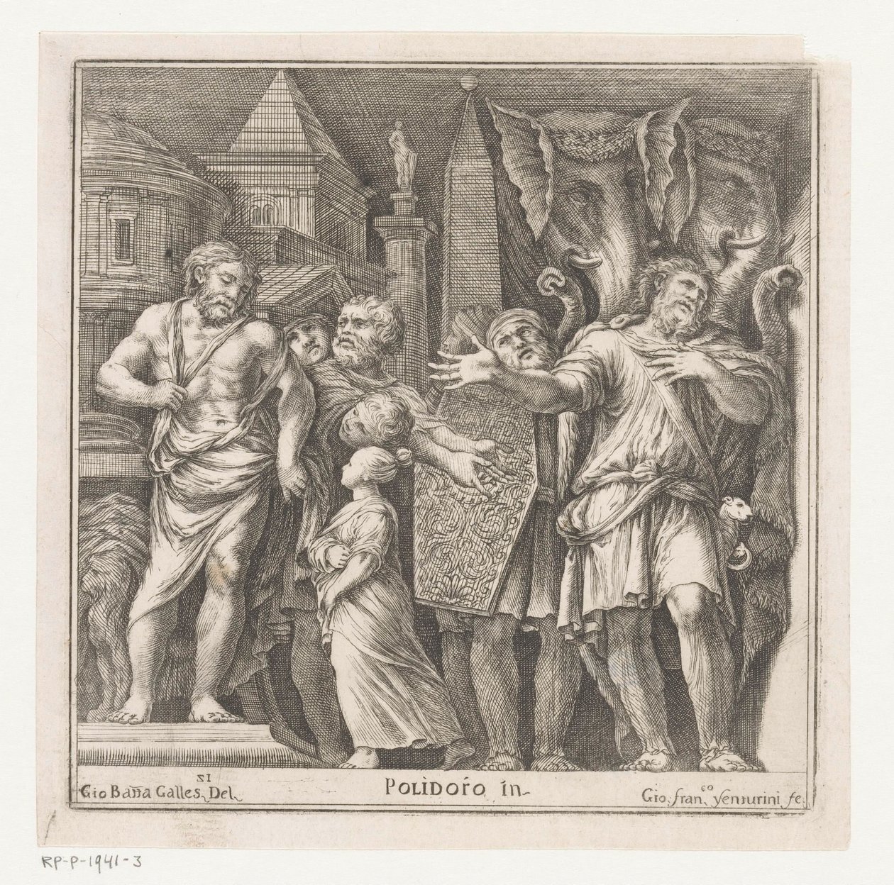 Gruppe med figurer og to elefanter i en by av Giovanni Francesco Venturini