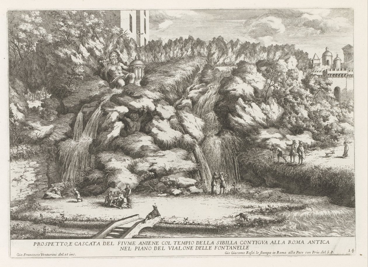 Landschap met cascade en Tempel van de Tiburtijnse Sibille te Tivoli Prospekt og fossen i elven aniene med tempelet til sibyllen (...) (tittel på objektet) Fontene i Este-hagen i Tivoli (serietittel) Fonteinen in de tuinen van Villa d' Este t av Giovanni Francesco Venturini