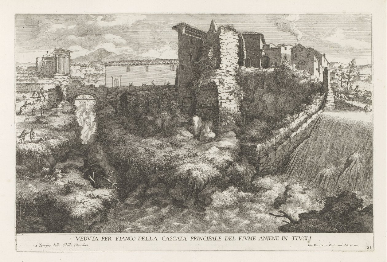 Landskap met waterval en tempel van de Tiburtijnse Sibille t og Tivoli Sidevisning av hovedfossen til Aniene-elven i Tivoli (tittel på objekt) Fontenene til Estense-hagen i Tivoli (serietittel) Fonteinen in de tuinen av Villa d