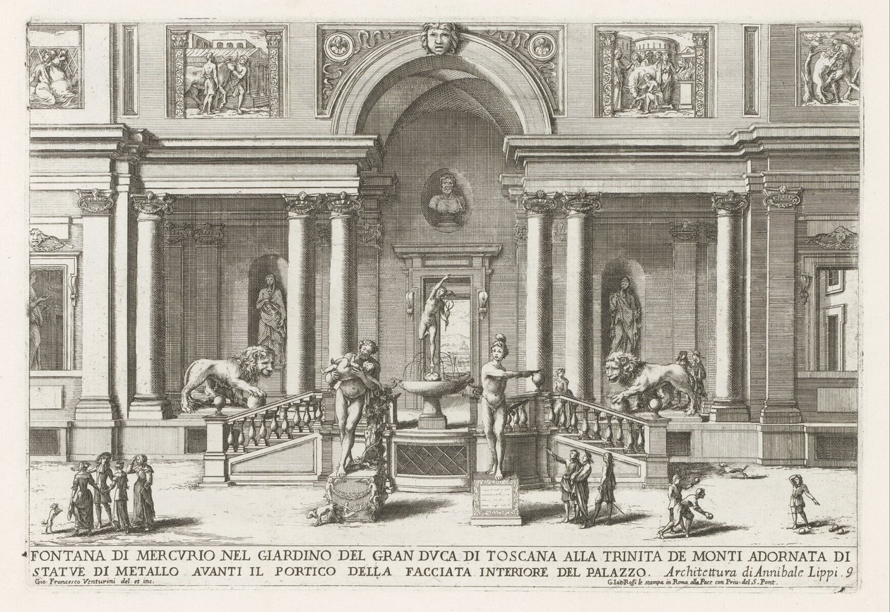 Loggia en hage fra Villa Medici te Roma Merkurfontene i hagen til storhertugen av Toscana ved Trinita de Monti (...) (tittel på objekt) Fontenene i palassene og hagene i Roma (serietittel) Fonteinen in de paleizen en tuinen van Roma (se av Giovanni Francesco Venturini