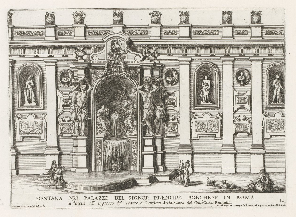 Nymphaeum i de innendørs plass av Palazzo Borghese i Roma Fontene i palasset til Signor precipe Borghese i Roma (...) (tittel på objekt) Fontenene i palassene og hagene i Roma (serietittel) Fonteinen in de paleizen en tuinen van Rome (serie av Giovanni Francesco Venturini