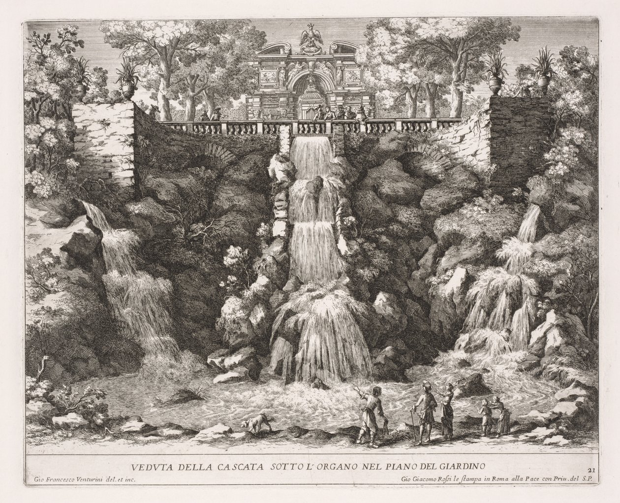 The Fountains of Rome, Bok IV, plate 21: Utsikt over kaskaden under orgelet fra hagen av Giovanni Francesco Venturini