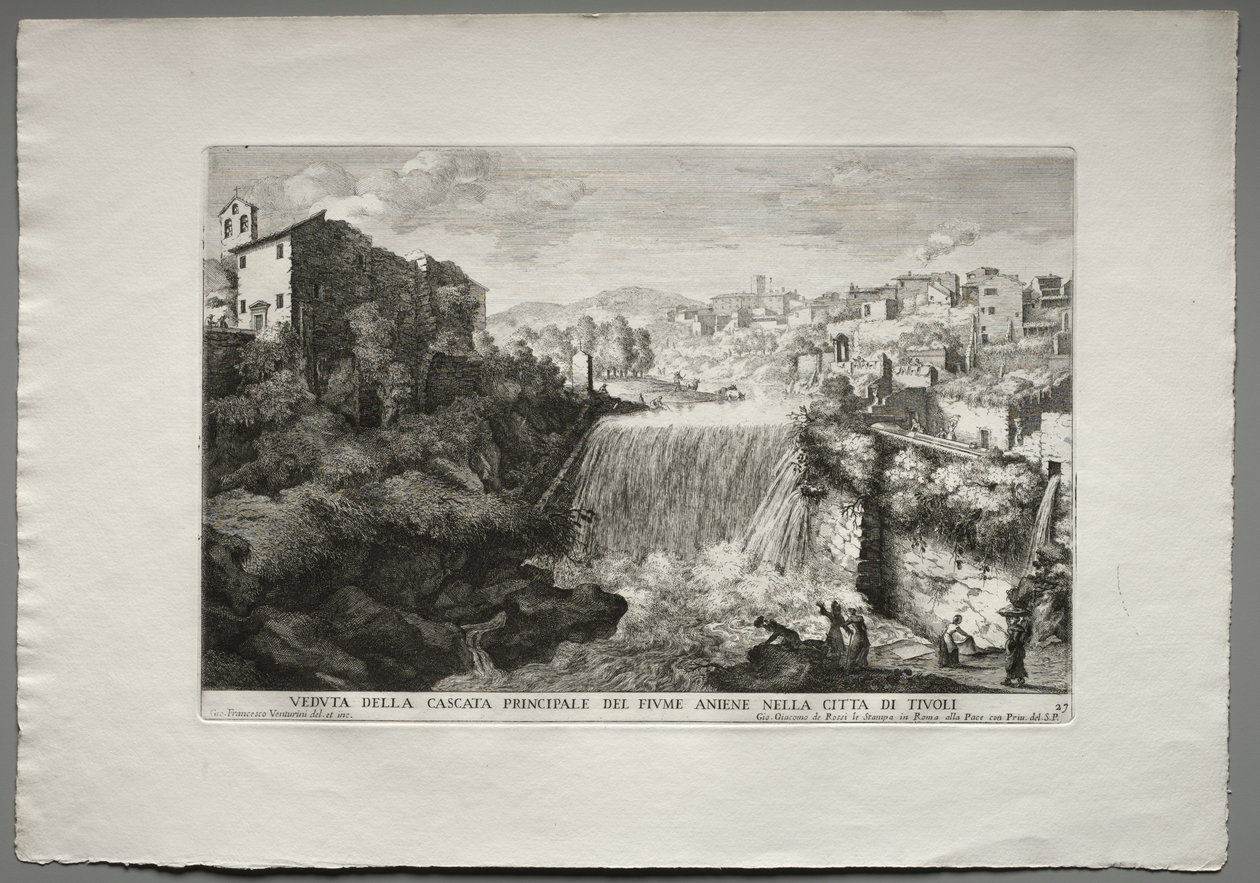 The Fountains of Rome, Bok IV, plate 27: Utsikt over hovedkaskaden av elven Aniene i Tivoli. av Giovanni Francesco Venturini