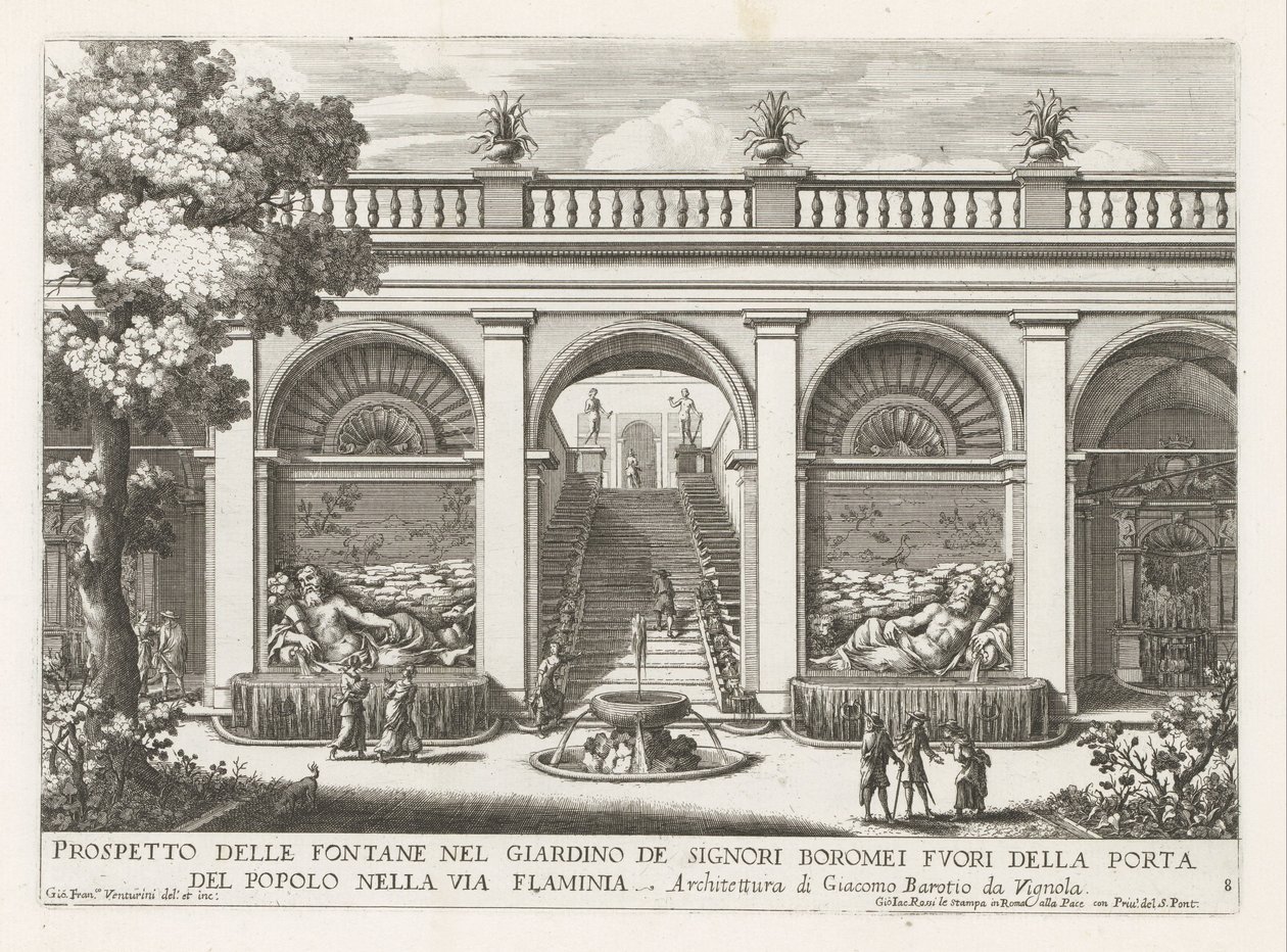 Tuin van een paleis te Roma Prospekt av fontenene i hagen til herrer Boromei (...) (tittel på objekt) Fontenene i palassene og hagene i Roma (serietittel) Fonteinen in de paleizen en tuinen van Rome (serietittel) av Giovanni Francesco Venturini