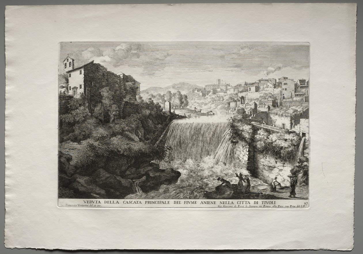 Utsikt over hovedfossen i Aniene-elven i byen Tivoli. av Giovanni Francesco Venturini