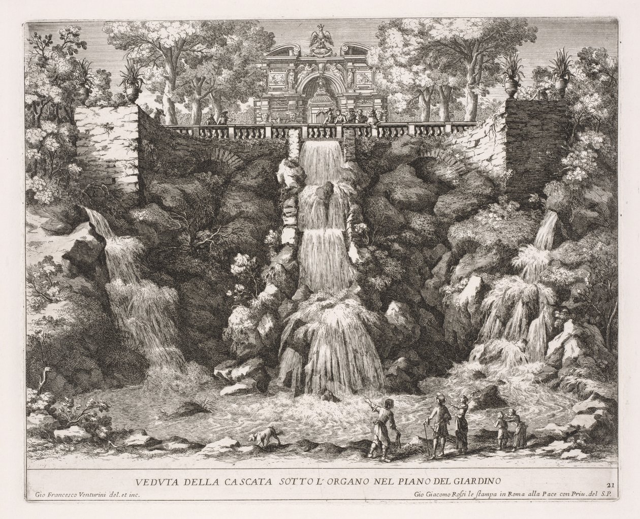 Utsikt over fossen under orgelet i hagegulvet. av Giovanni Francesco Venturini