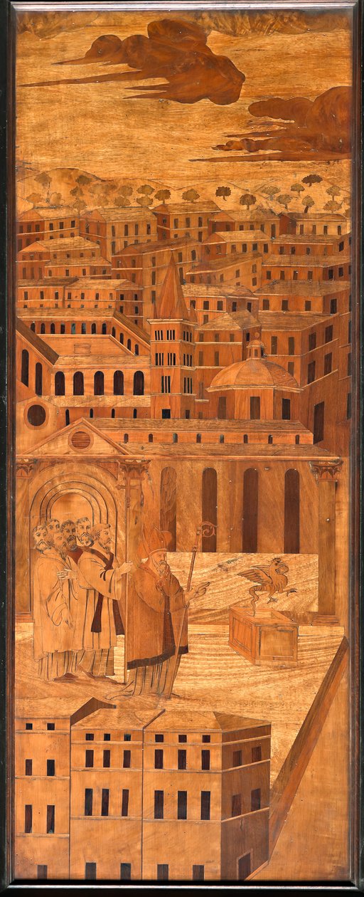 Genova, Duomo (St. Lawrence Cathedral), innvendig, apsis, kor, nordsiden: "St Syrus driver away the basilisk", tre intarsia av Anselmo De 