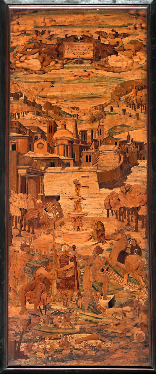Genova, Duomo (St. Lawrence Cathedral), innvendig, apsis, kor, sørsiden: "Allegory", tre intarsia av Giovanni Francesco Zambelli (XVI århundre) av Giovanni Francesco Zambelli