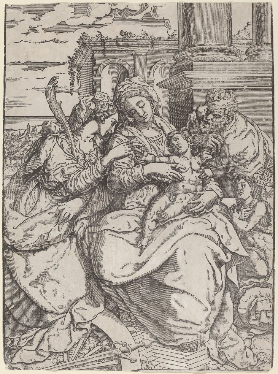 Madonna og barn med Saint Catherine av Giovanni Gallo after Marco Pino